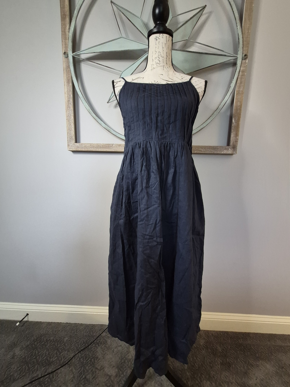 NWT Mod Ref Pintuck Pleated Back Tie Navy Blue Linen/Cotton Midi Dress - M